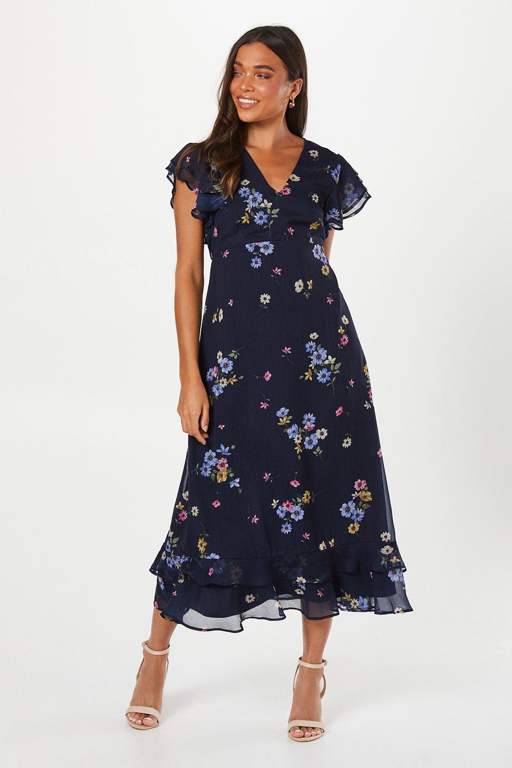 Dresses | Petite Navy Floral Chiffon Ruffle Front Midi Dress | Dorothy ...