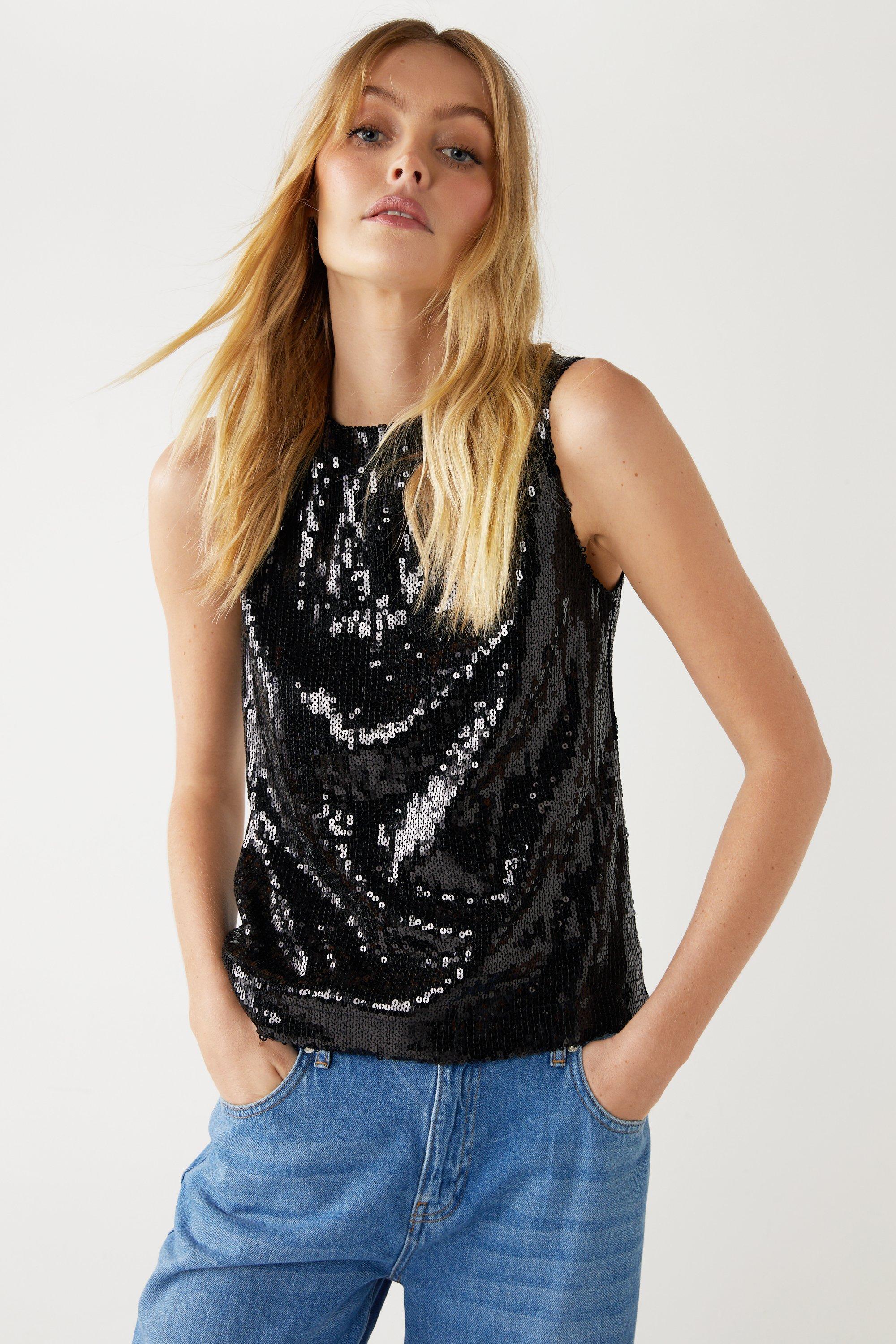 Tops | Sleeveless Sequin Crew Neck Top | Warehouse