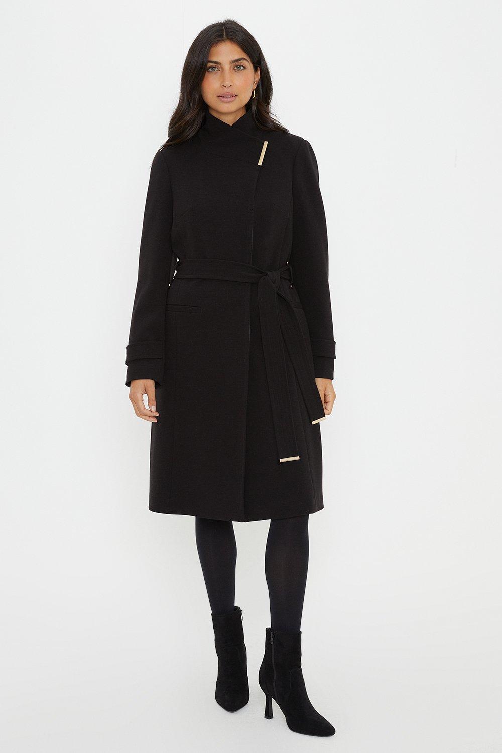 Black wrap belted clearance coat