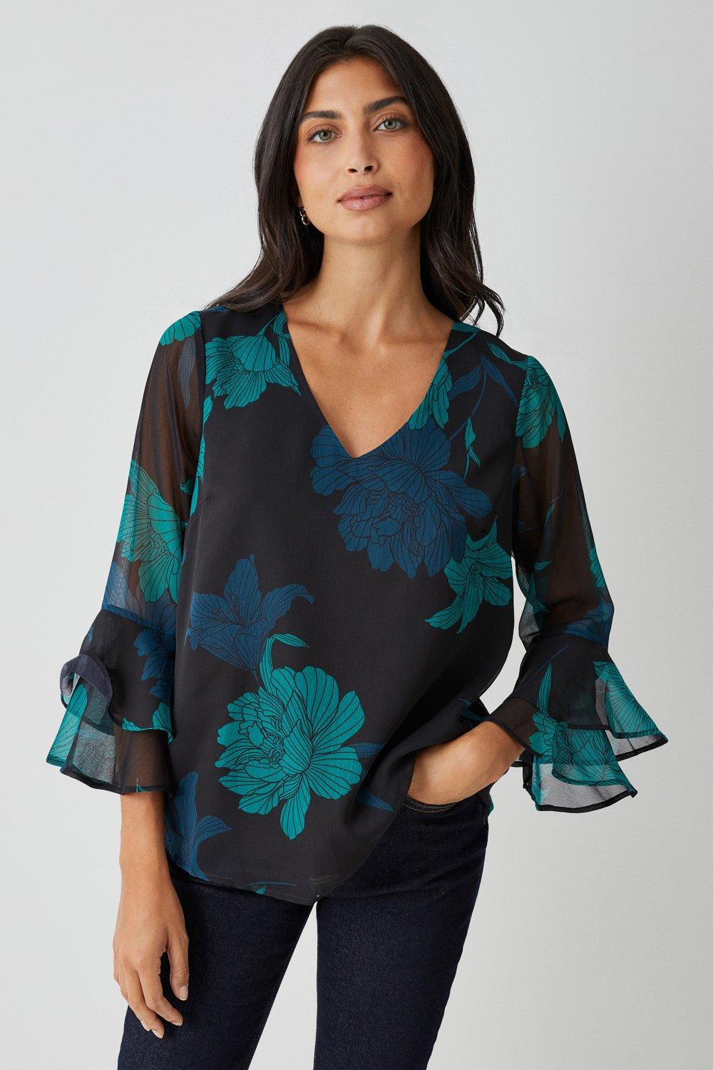 Tops | Black Floral Flute Sleeve Top | Wallis