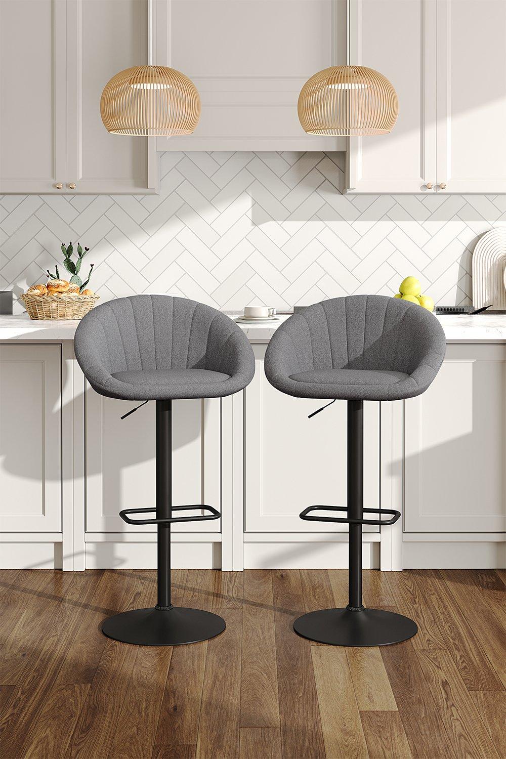 Bar Stools 2 Set Chic Grey Linen Swivel Breakfast Bar Stools with Shell Shaped Backrest