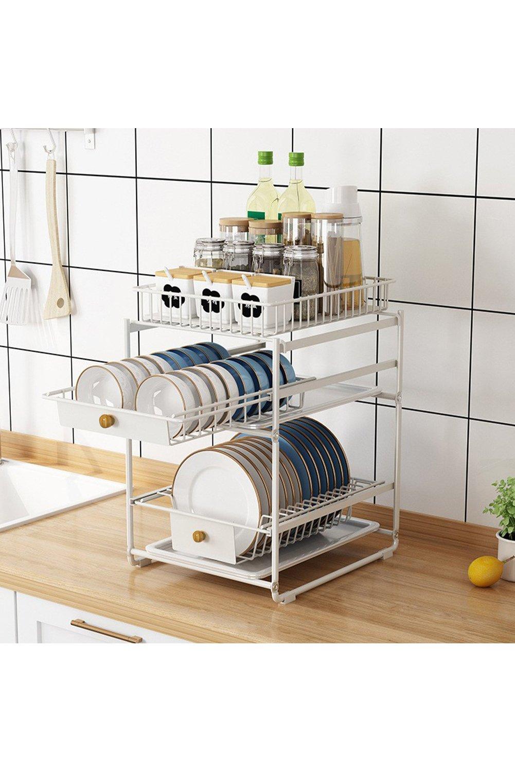 Livingandhome Black Metal Kitchen Dish Drainer Rack Draining Board with  Removable Drip Tray