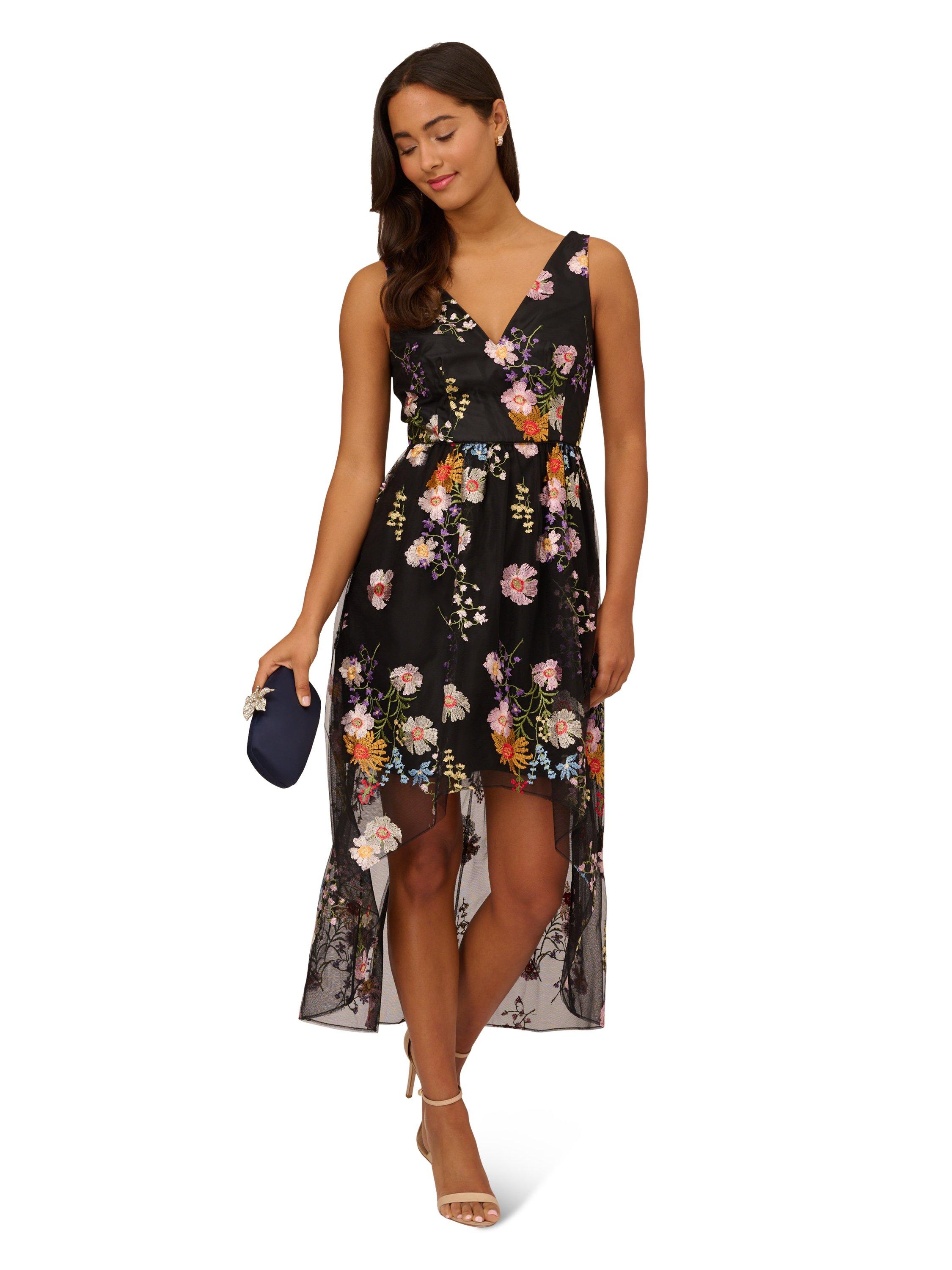 Black floral store high low dress