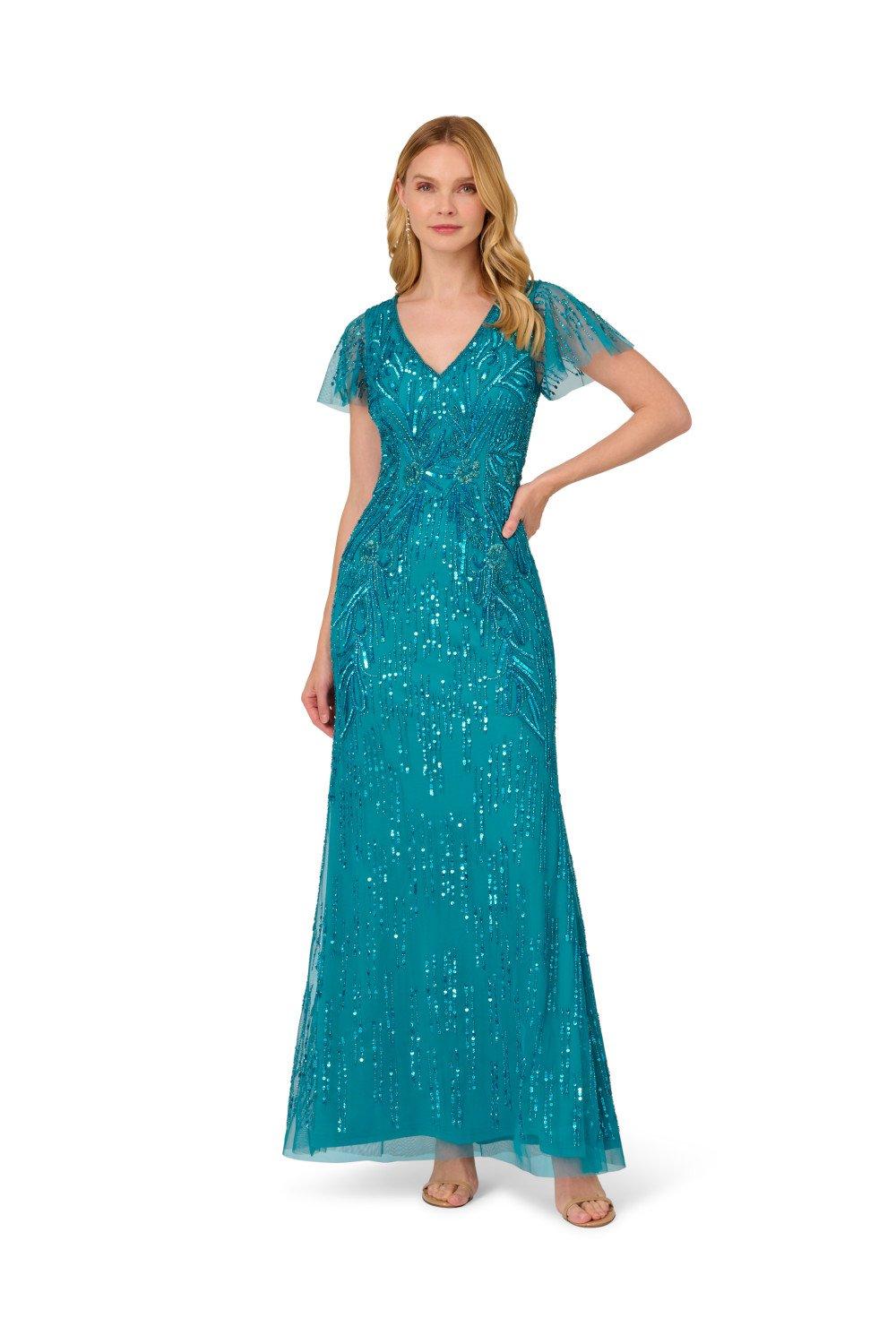 Dresses Flutter Sleeve Beaded Gown Adrianna Papell