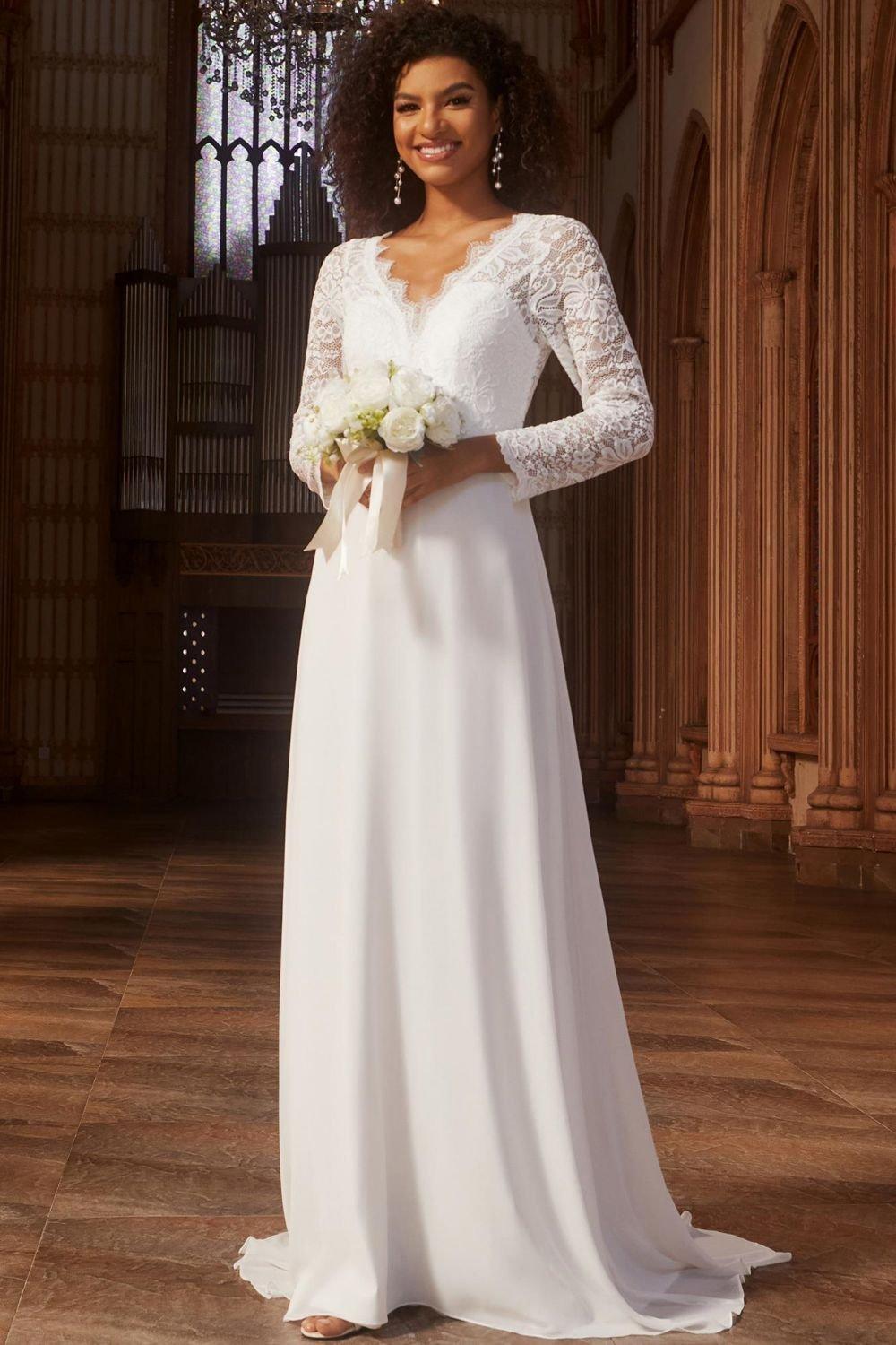 Dresses | Elegant Lace Chiffon Long Sleeves A-Line Wedding Dress | Ever  Pretty