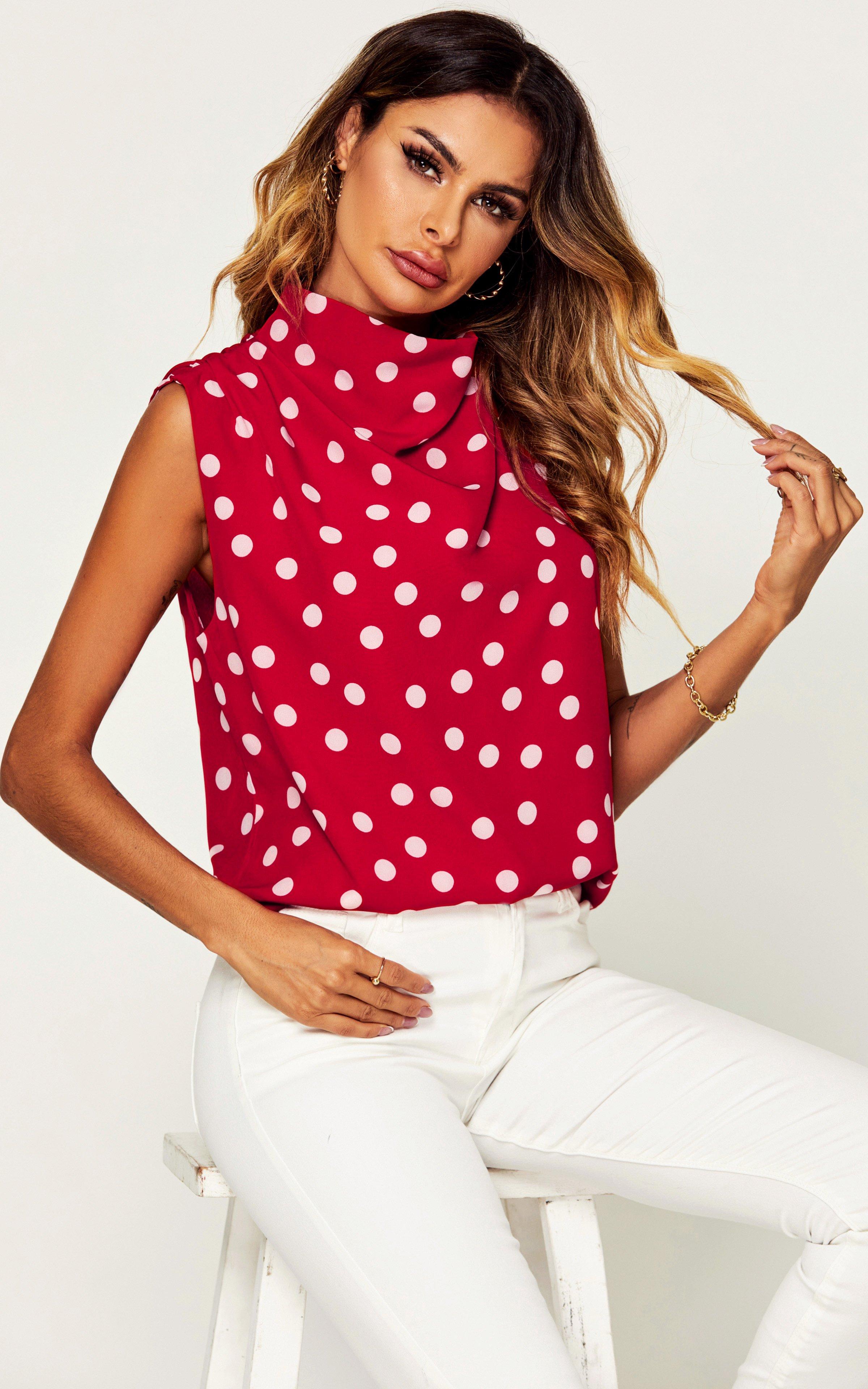 Tops Polka Dot High Neck Sleeveless Blouse In Red FS Collection