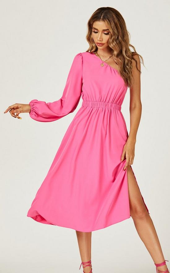 FS Collection One Shoulder Split Leg Midi Dress In Pink 1