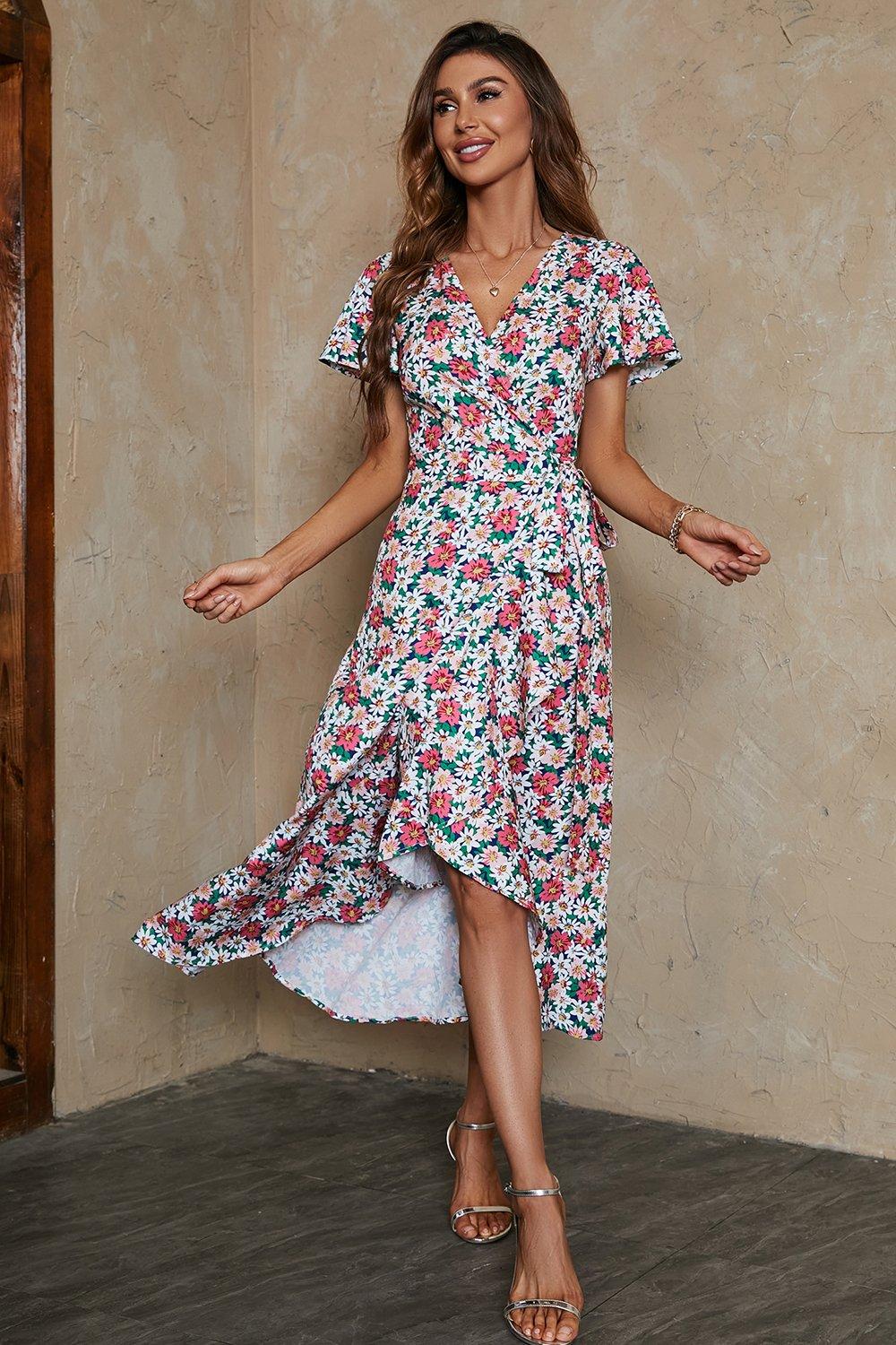 Dresses Daisy Printed Angel Sleeve Wrap Dress FS Collection