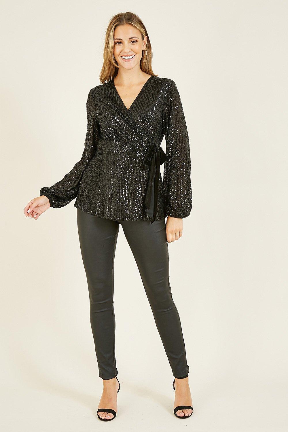 Yumi Green Sequin Wrap Top With Velvet Tie