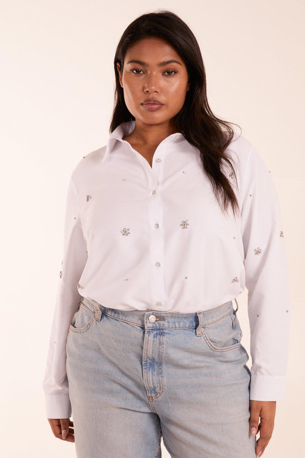 Shirts | Curve Embellished Longline Shirt | Blue Vanilla