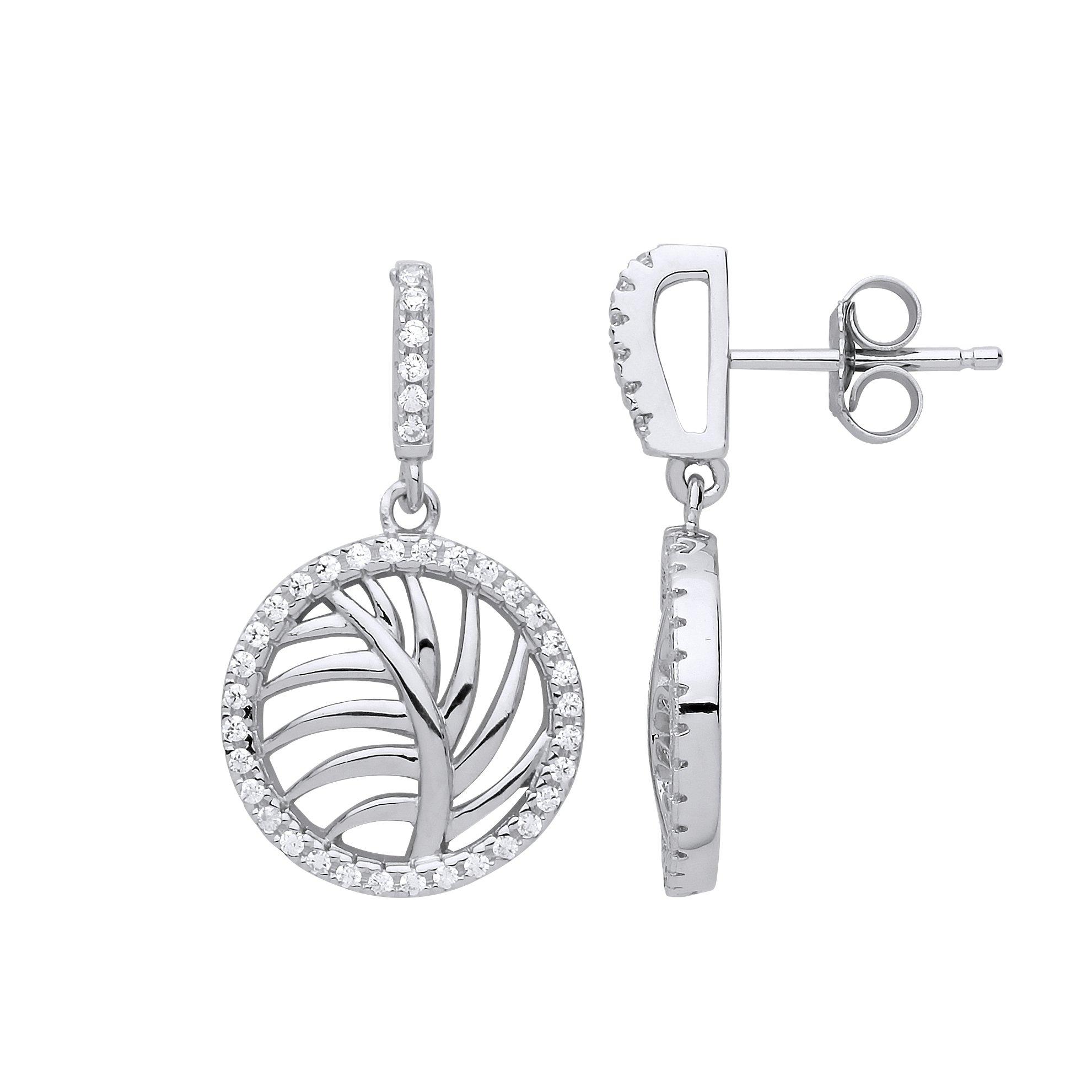 Silver CZ Palm Tree Leaf Halo Drop Earrings - GVE838