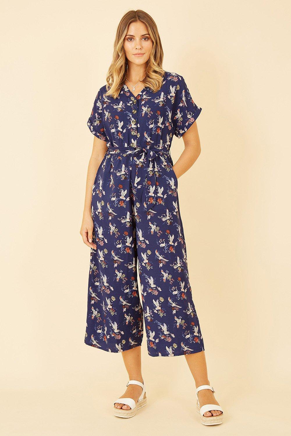 Navy Crane Print Culotte Jumpsuit