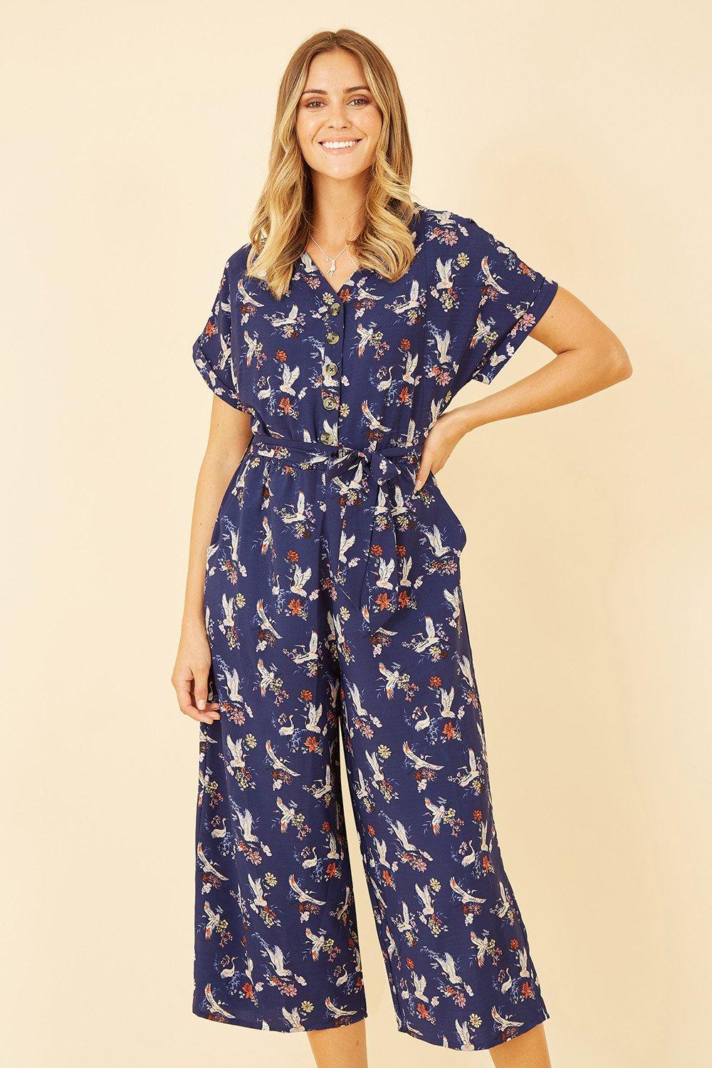 Navy Crane Print Culotte Jumpsuit