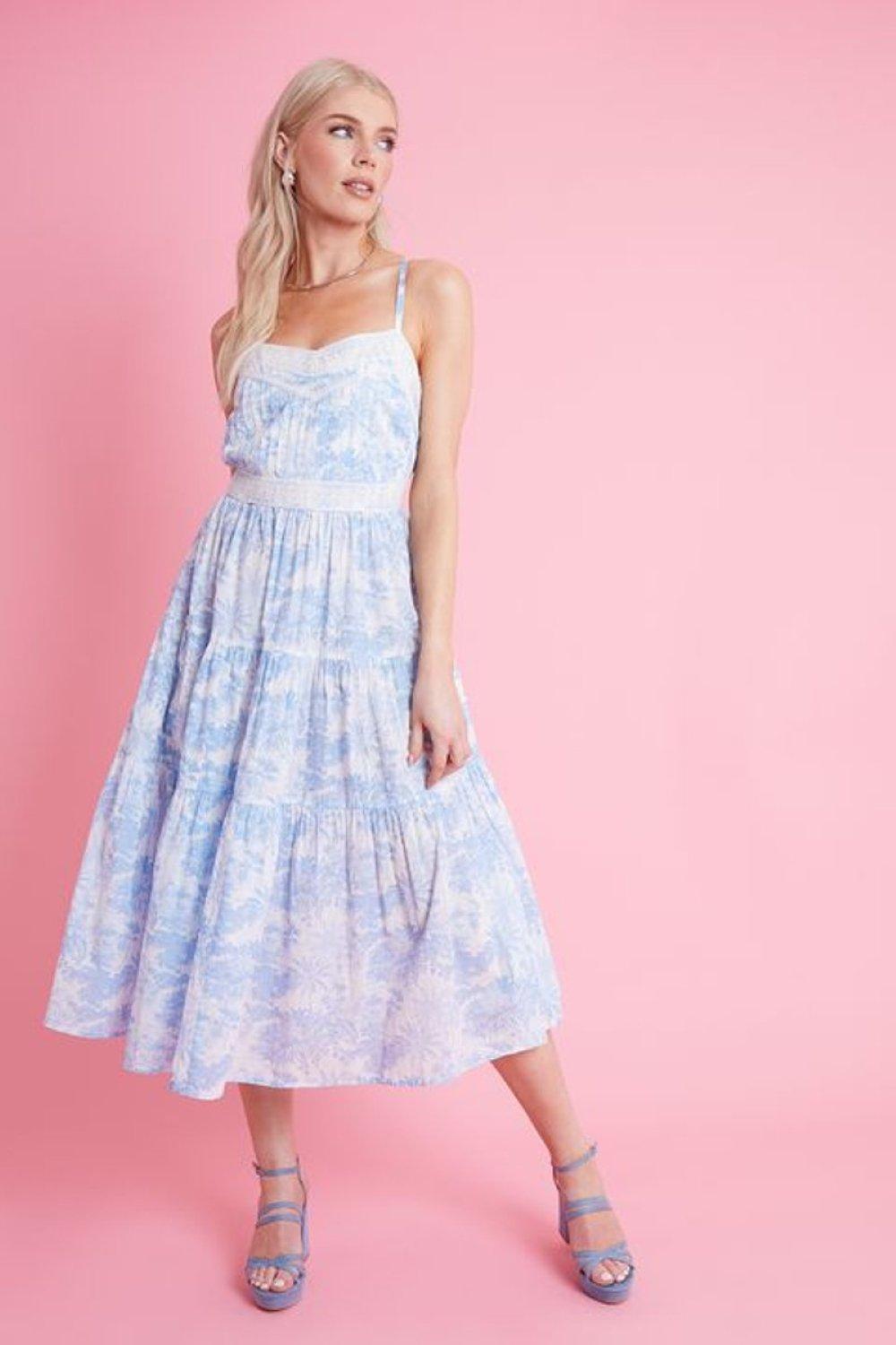 Dresses | Blue Floral Scenic Print Ruffle Hem Tiered Strappy Midi Dress ...