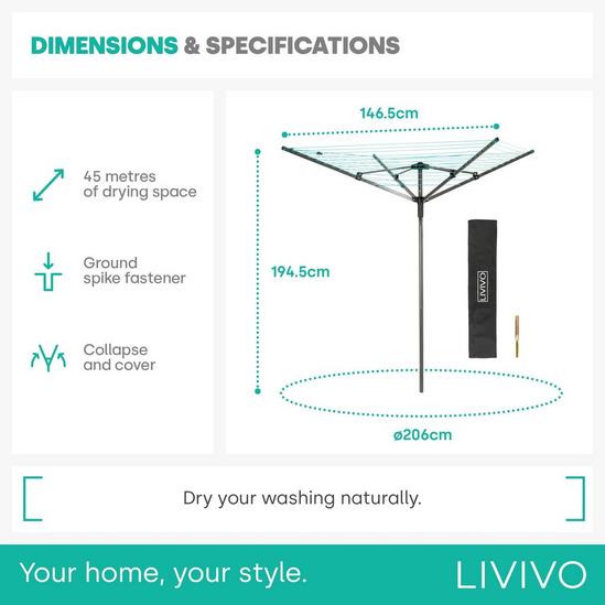 LIVIVO Outdoor Garden Rotary Washing Line - 4 Arm Folding Clothes Dryer 6