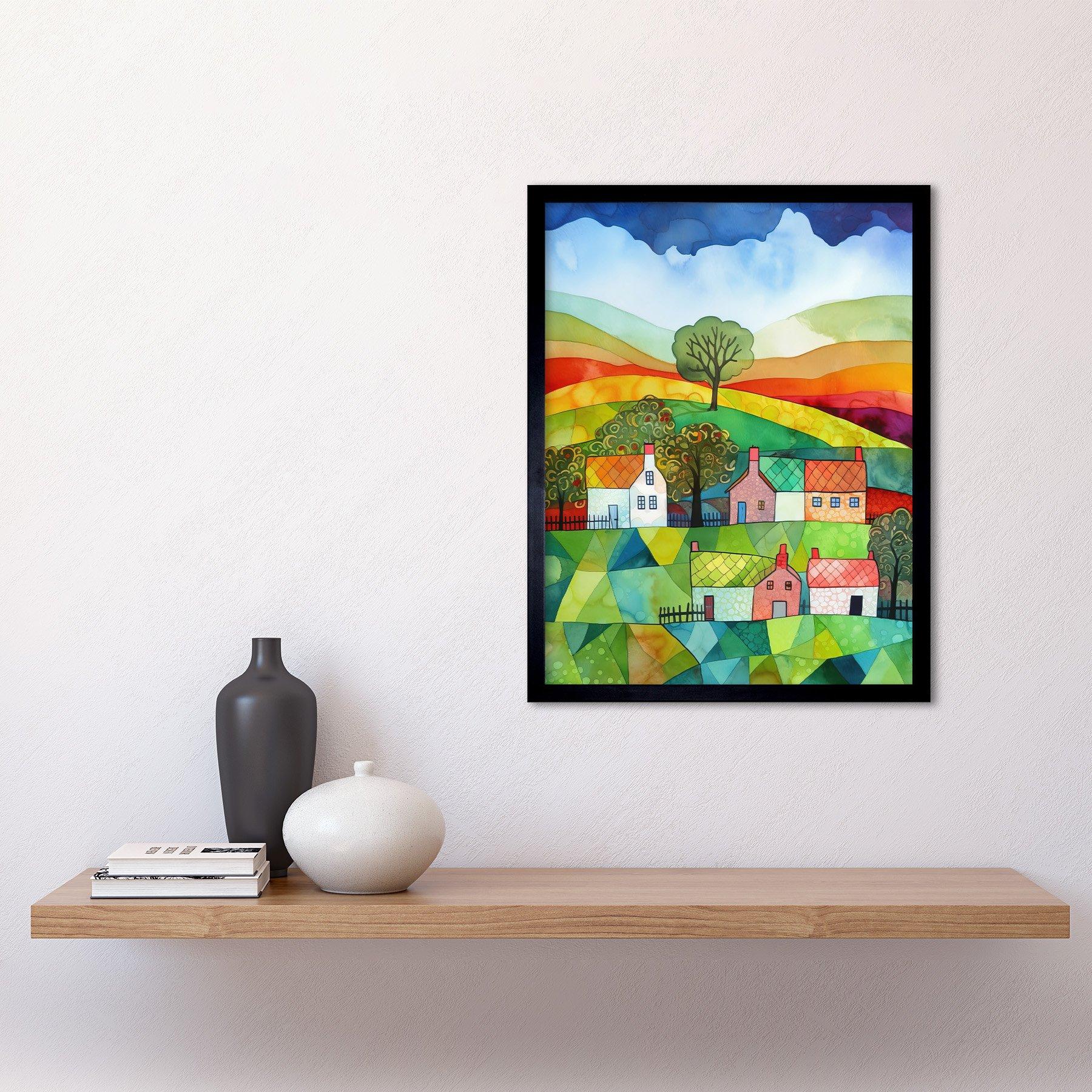 Wall Art & Pictures, Rural Landscape Rainbow Countryside Folk Art  Watercolour Painting Art Print Framed Poster Wall Decor 12x16 inch