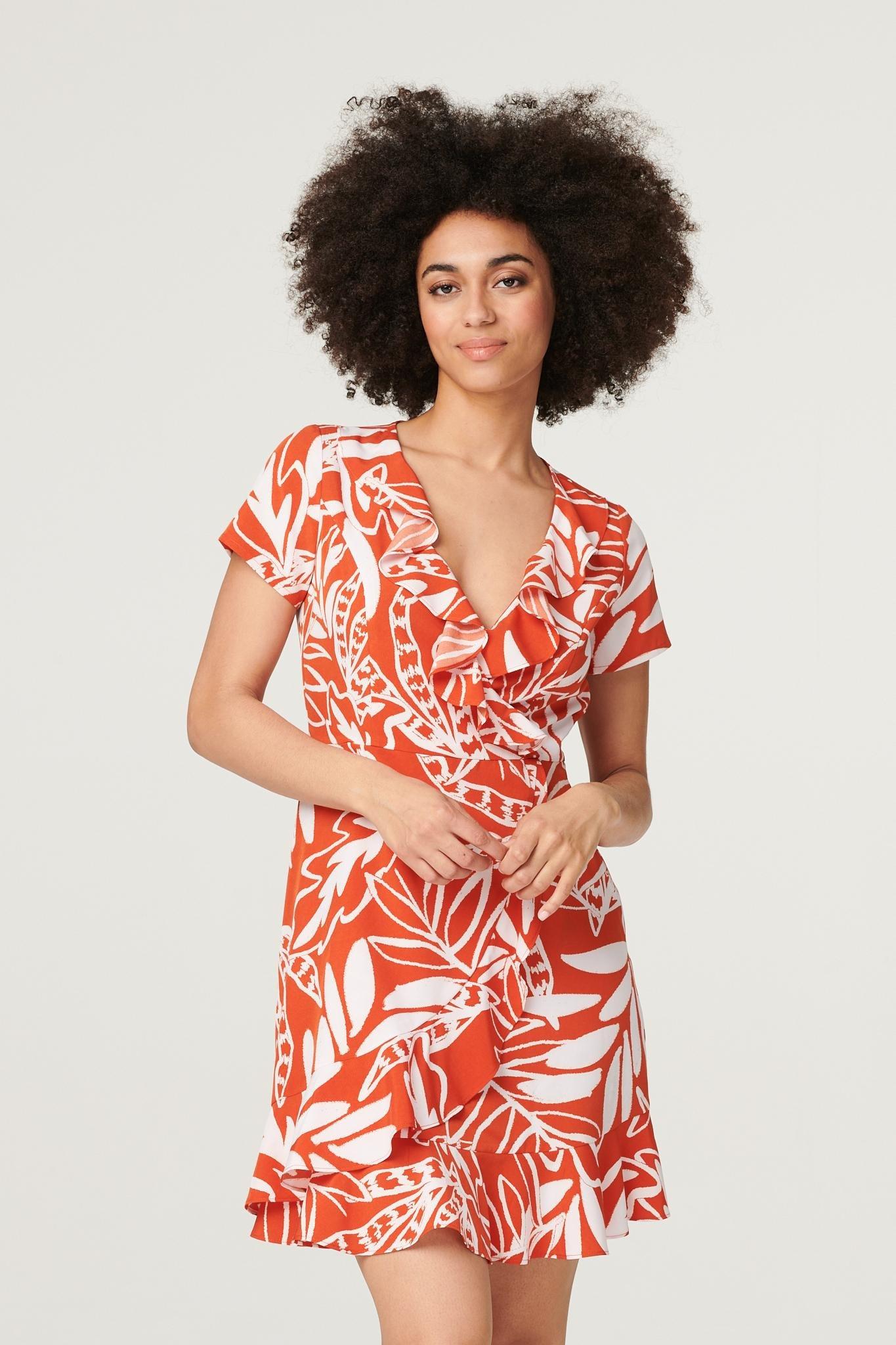 Dresses | Leaf Print Ruffle Mini Dress | Izabel London