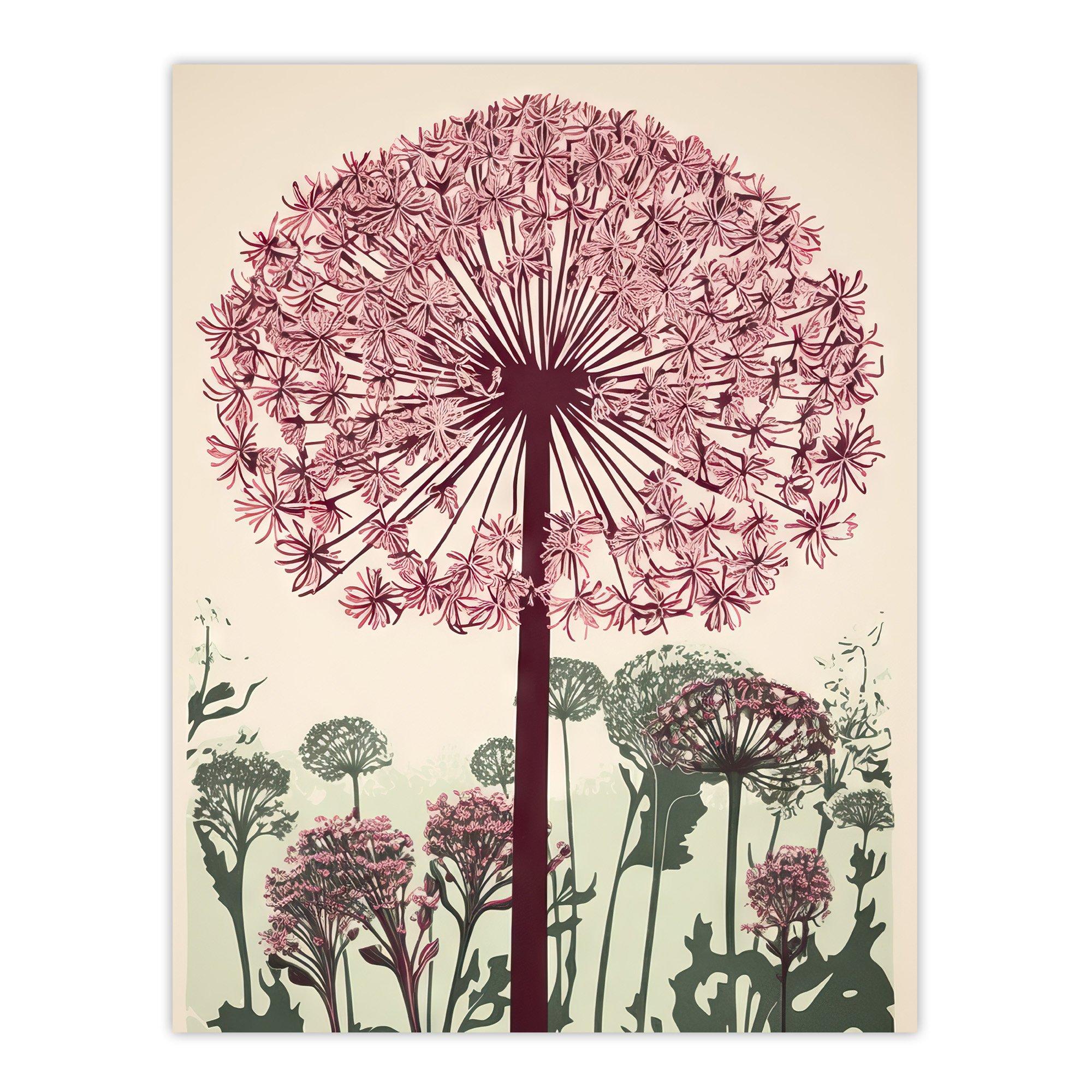 Wall Art Pictures Allium Flower Blooms Linocut Painting Pink