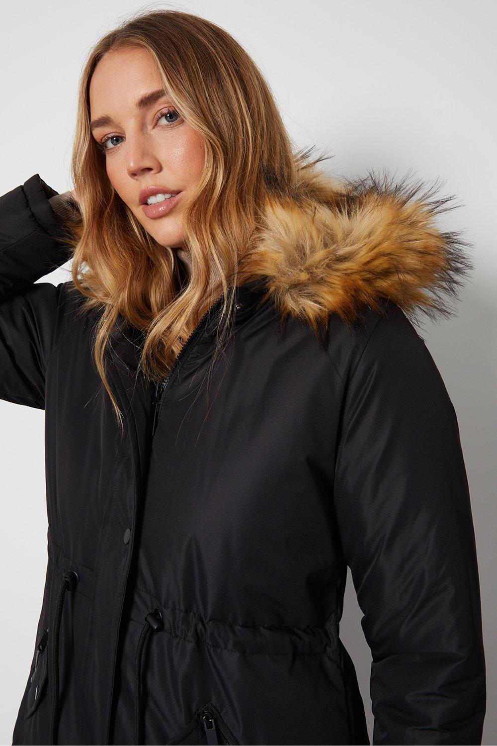 Threadbare parka coat with cheap faux fur trim hood