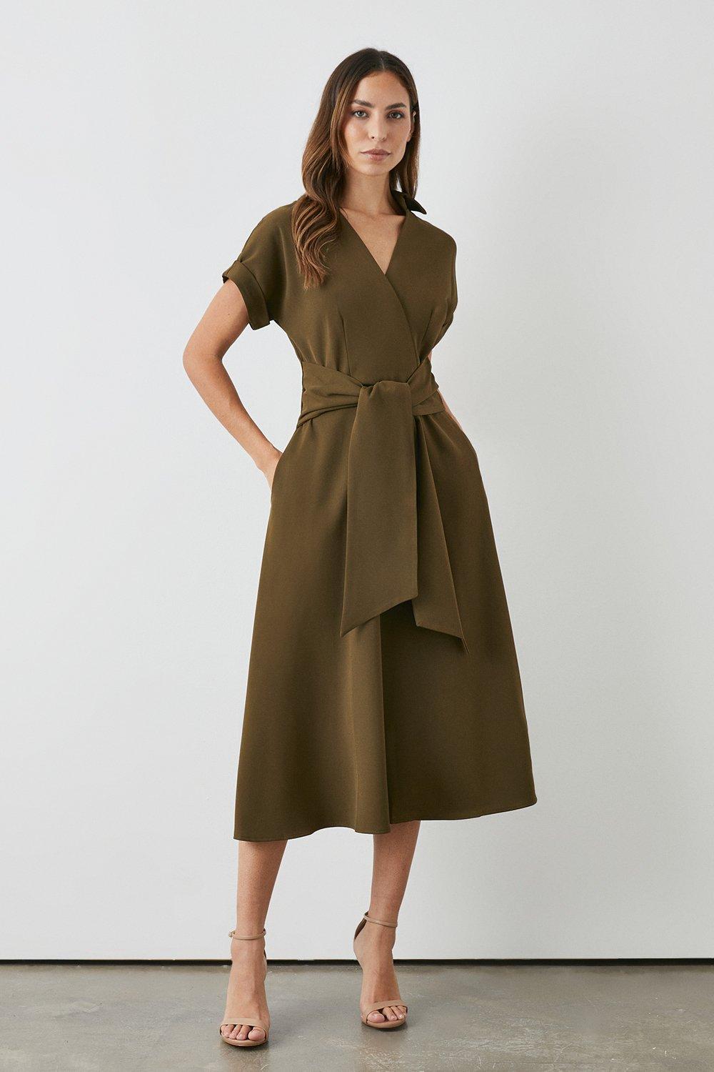 Khaki tie shop waist dress