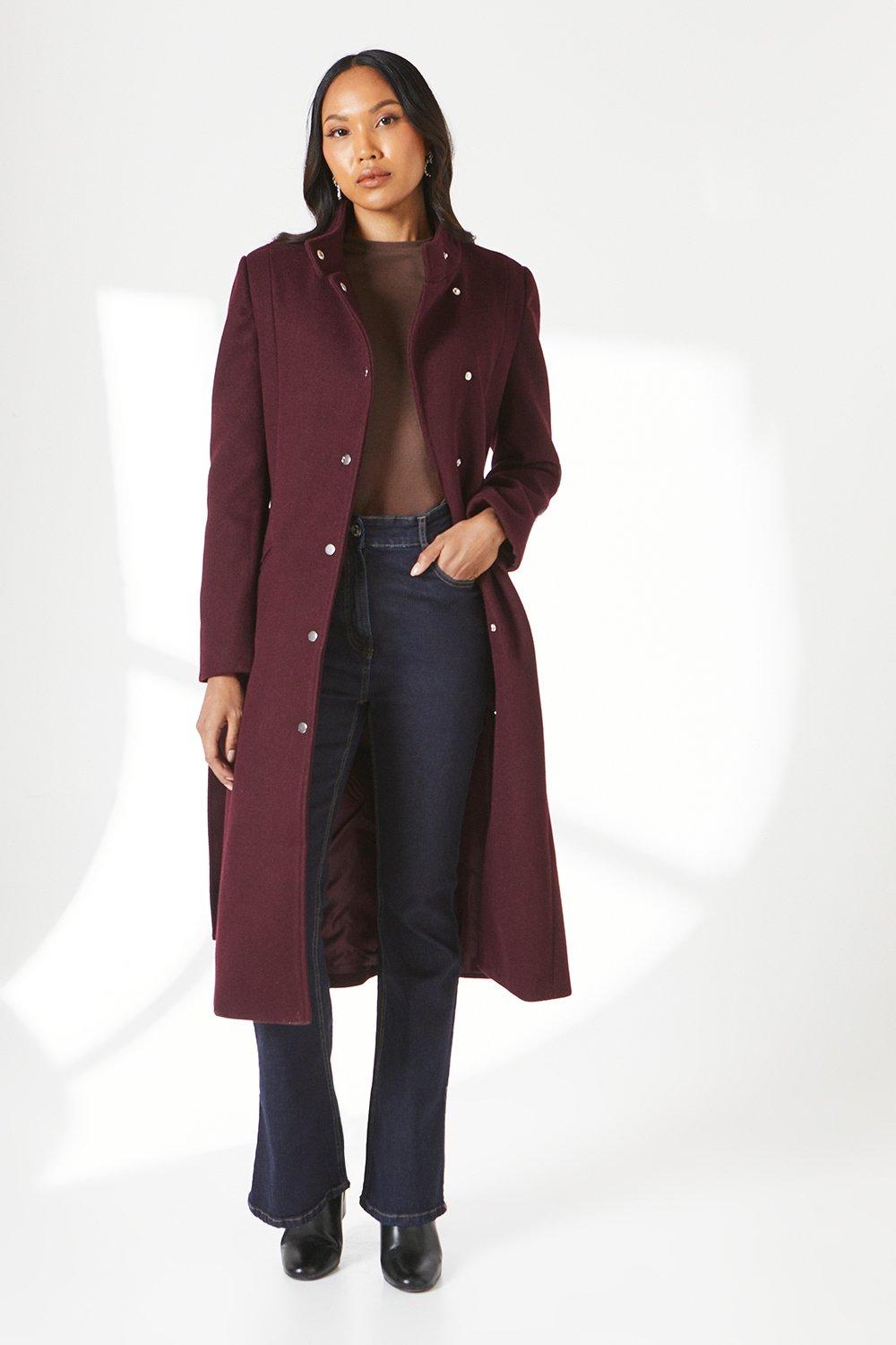 Jackets Coats Button Detail Funnel Neck Belted Wrap Coat