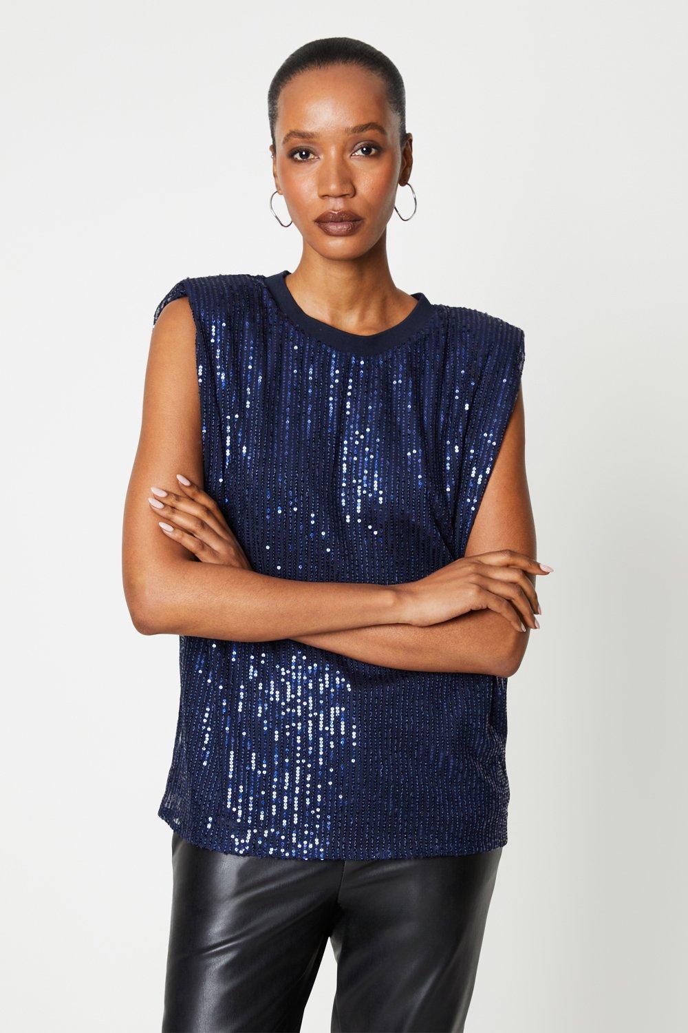 Navy sales sequin top